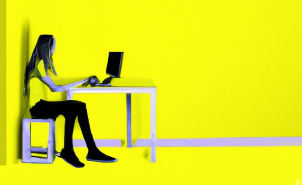 Artist rendering of a woman on a computer in a sparse yellow room